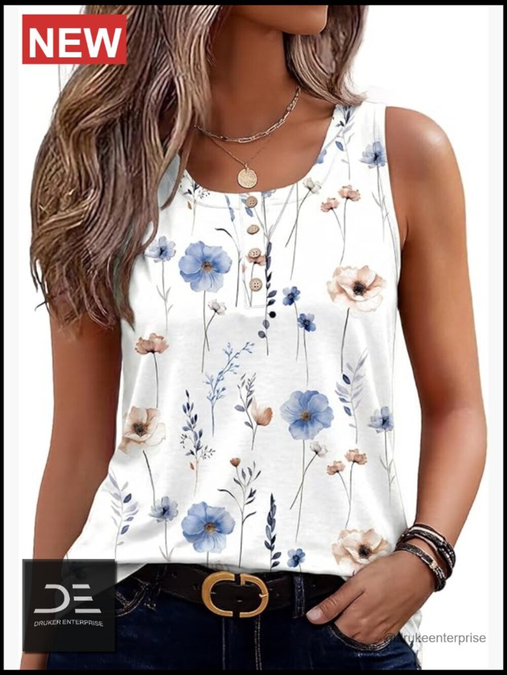 Sleeveless Button Henley Tank Top Crew Neck Summer Casual Blouse